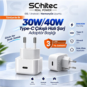 Schitec İos/android/harmonyos Uyumlu  30w/40w Type-c Çıkışlı Hızlı Şarj Adapörü Başlığı