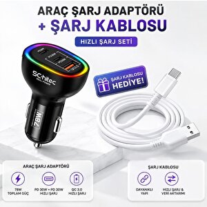 Schitec  3 Portlu Araç Şarj Aleti Ve 67w Usba To Type-c Data Ve Hızlı Şarj Kablosu 1m Beyaz Hedi̇ye