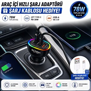 Schitec  3 Portlu Araç Şarj Aleti Ve 67w Usba To Type-c Data Ve Hızlı Şarj Kablosu 1m Beyaz Hedi̇ye