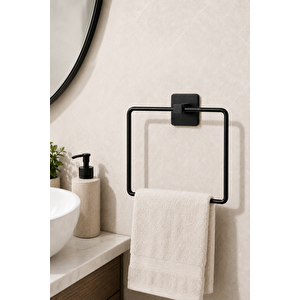 Kare Siyah Havluluk Yapışkanlı Delmesiz Metal Çelik Banyo Askılığı El Havluluğu