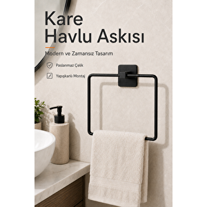 Kare Siyah Havluluk Yapışkanlı Delmesiz Metal Çelik Banyo Askılığı El Havluluğu