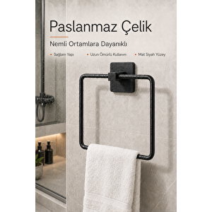 Kare Siyah Havluluk Yapışkanlı Delmesiz Metal Çelik Banyo Askılığı El Havluluğu
