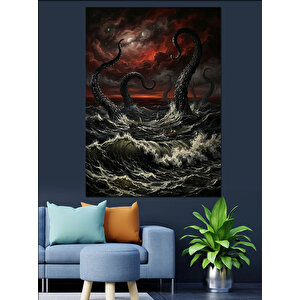 Fırtınalı Denizde Dev Kraken Dokunaçları Dekoratif Kanvas - Mdf Ahşap Tablo 100x140 cm