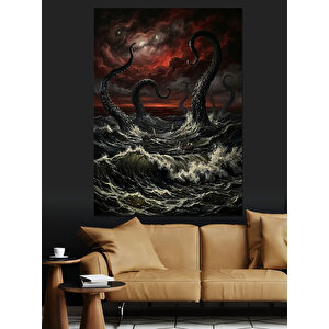 Fırtınalı Denizde Dev Kraken Dokunaçları Dekoratif Kanvas - Mdf Ahşap Tablo 100x140 cm