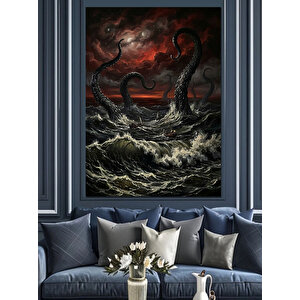 Fırtınalı Denizde Dev Kraken Dokunaçları Dekoratif Kanvas - Mdf Ahşap Tablo 100x140 cm