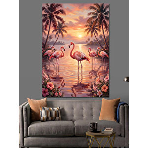 Gün Batımında Pembe Flamingo Ailesi Dekoratif Kanvas - Mdf Ahşap Tablo 70x100 cm