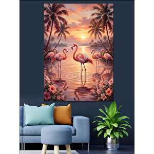 Gün Batımında Pembe Flamingo Ailesi Dekoratif Kanvas - Mdf Ahşap Tablo 70x100 cm