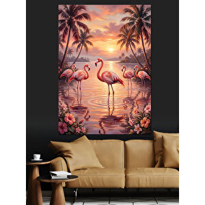 Gün Batımında Pembe Flamingo Ailesi Dekoratif Kanvas - Mdf Ahşap Tablo 70x100 cm