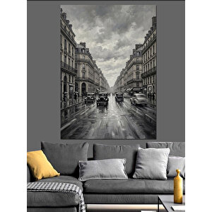 Siyah Beyaz Şehir Sokağı Manzarası Dekoratif Kanvas - Mdf Ahşap Tablo 50x70 cm