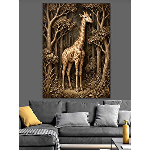 Orman İçinde Duran Yalnız Zürafa Dekoratif Kanvas - Mdf Ahşap Tablo 100x140 cm