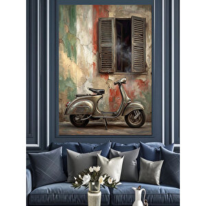 Pencere Altında Klasik Gri Scooter Dekoratif Kanvas - Mdf Ahşap Tablo 50x70 cm