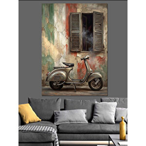 Pencere Altında Klasik Gri Scooter Dekoratif Kanvas - Mdf Ahşap Tablo 50x70 cm