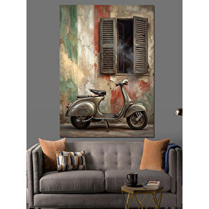 Pencere Altında Klasik Gri Scooter Dekoratif Kanvas - Mdf Ahşap Tablo 50x70 cm