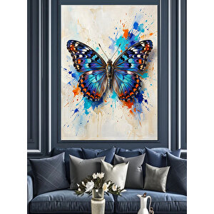 Mavi Suluboya Efektli Kelebek Çizimi Dekoratif Kanvas - Mdf Ahşap Tablo 100x140 cm