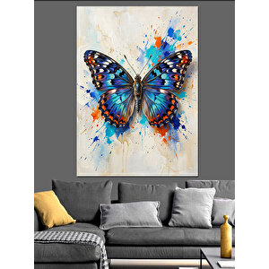 Mavi Suluboya Efektli Kelebek Çizimi Dekoratif Kanvas - Mdf Ahşap Tablo 100x140 cm