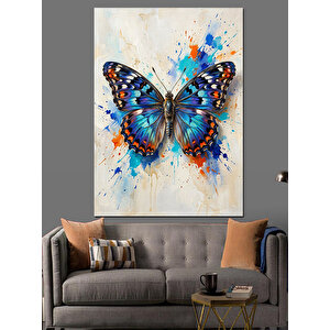 Mavi Suluboya Efektli Kelebek Çizimi Dekoratif Kanvas - Mdf Ahşap Tablo 100x140 cm