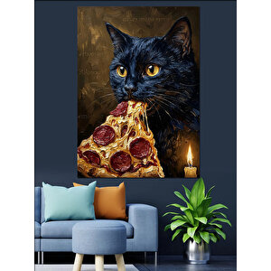 Pizza Yiyen Karizmatik Siyah Kedi Dekoratif Kanvas - Mdf Ahşap Tablo 50x70 cm