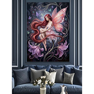 Mor Kanatlı Peri Ve Çiçekler Dekoratif Kanvas - Mdf Ahşap Tablo 50x70 cm