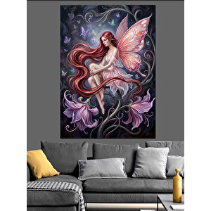 Mor Kanatlı Peri Ve Çiçekler Dekoratif Kanvas - Mdf Ahşap Tablo 50x70 cm
