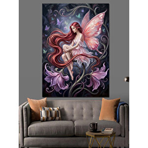 Mor Kanatlı Peri Ve Çiçekler Dekoratif Kanvas - Mdf Ahşap Tablo 50x70 cm