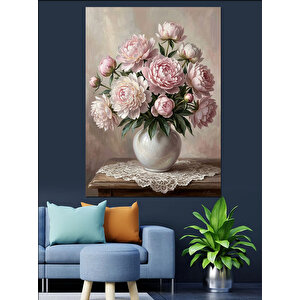 Vazo İçinde Pembe Şakayıklar Buketi Dekoratif Kanvas - Mdf Ahşap Tablo 100x140 cm