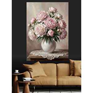 Vazo İçinde Pembe Şakayıklar Buketi Dekoratif Kanvas - Mdf Ahşap Tablo 100x140 cm