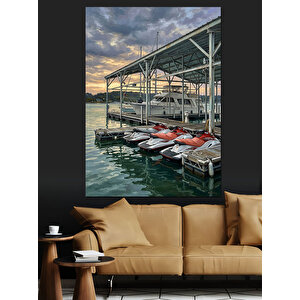 İskelede Duran Küçük Beyaz Tekneler Dekoratif Kanvas - Mdf Ahşap Tablo 70x100 cm