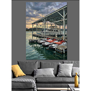 İskelede Duran Küçük Beyaz Tekneler Dekoratif Kanvas - Mdf Ahşap Tablo 70x100 cm