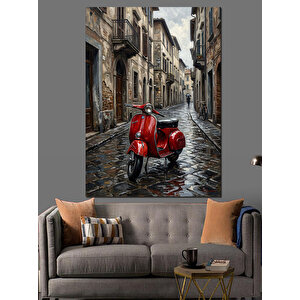 Yağmurlu Sokağa Park Edilmiş Scooter Dekoratif Kanvas - Mdf Ahşap Tablo 70x100 cm