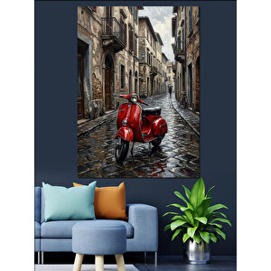 Yağmurlu Sokağa Park Edilmiş Scooter Dekoratif Kanvas - Mdf Ahşap Tablo 70x100 cm
