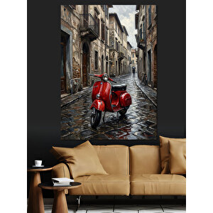 Yağmurlu Sokağa Park Edilmiş Scooter Dekoratif Kanvas - Mdf Ahşap Tablo 70x100 cm