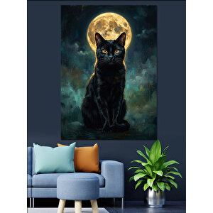 Dolunay Önünde Oturan Siyah Kedi Dekoratif Kanvas - Mdf Ahşap Tablo 50x70 cm