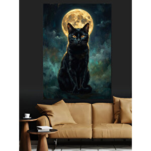 Dolunay Önünde Oturan Siyah Kedi Dekoratif Kanvas - Mdf Ahşap Tablo 50x70 cm