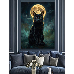 Dolunay Önünde Oturan Siyah Kedi Dekoratif Kanvas - Mdf Ahşap Tablo 50x70 cm