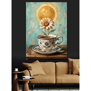 Fincanda Açan Güneş Çiçeği Sanatı Dekoratif Kanvas - Mdf Ahşap Tablo 50x70 cm