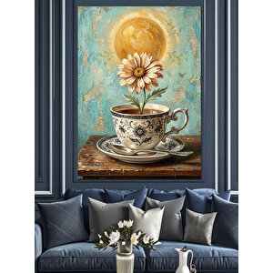 Fincanda Açan Güneş Çiçeği Sanatı Dekoratif Kanvas - Mdf Ahşap Tablo 50x70 cm