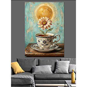 Fincanda Açan Güneş Çiçeği Sanatı Dekoratif Kanvas - Mdf Ahşap Tablo 50x70 cm