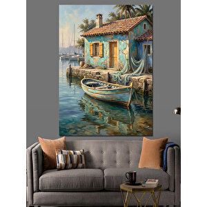 Deniz Kenarı Mavi Ev Dekoratif Kanvas - Mdf Ahşap Tablo 50x70 cm