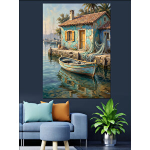 Deniz Kenarı Mavi Ev Dekoratif Kanvas - Mdf Ahşap Tablo 50x70 cm
