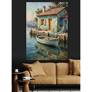 Deniz Kenarı Mavi Ev Dekoratif Kanvas - Mdf Ahşap Tablo 50x70 cm