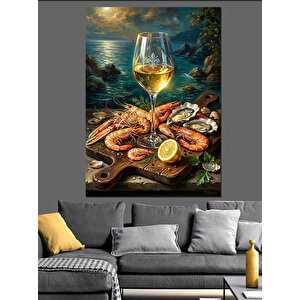 Deniz Ürünleri Ve Beyaz Şarap Dekoratif Kanvas - Mdf Ahşap Tablo 70x100 cm