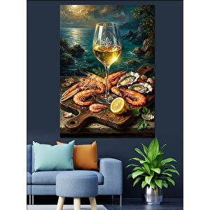 Deniz Ürünleri Ve Beyaz Şarap Dekoratif Kanvas - Mdf Ahşap Tablo 70x100 cm
