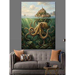 Deniz Altında Dev Ahtapot Şehri Dekoratif Kanvas - Mdf Ahşap Tablo 70x100 cm