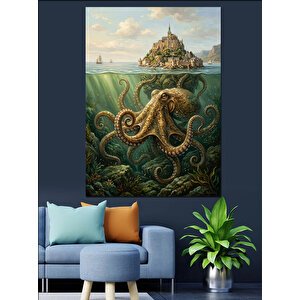Deniz Altında Dev Ahtapot Şehri Dekoratif Kanvas - Mdf Ahşap Tablo 70x100 cm