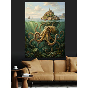 Deniz Altında Dev Ahtapot Şehri Dekoratif Kanvas - Mdf Ahşap Tablo 70x100 cm