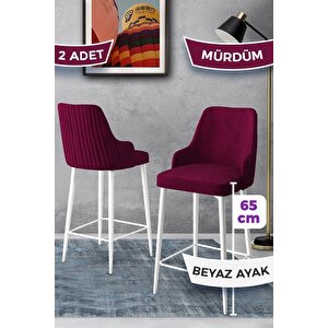 Tera Serisi 2 Mürdüm Sandalye 65 Cm Ada Mutfak Bar Sandalyesi Babyface Kumaş Beyaz Metal Ayaklı