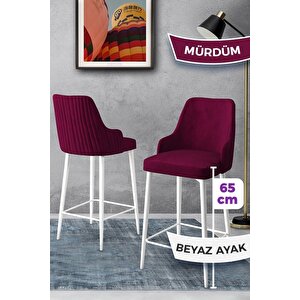 Tera Serisi 2 Mürdüm Sandalye 65 Cm Ada Mutfak Bar Sandalyesi Babyface Kumaş Beyaz Metal Ayaklı
