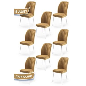 Etra Serisi, Üst Kalite Yemek Odası Sandalyesi, 8 Adet Cappucino Sandalye, Beyaz Gürgen Ayaklı