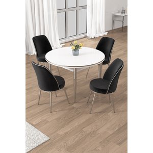 Osle Serisi 90x90 Yuvarlak Beyaz Mutfak Masa Takımı 4 Sandalye Krom Detay
