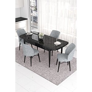 Eva Serisi, 80x132 Açılabilir Mdf Mutfak Masa Takımı, Siyah Mermer Desen Masa ,4 Gri Sandalye